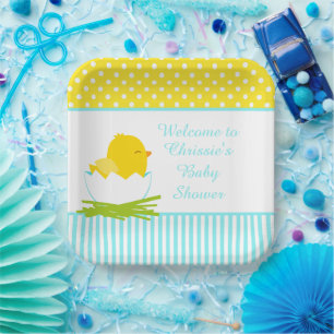 Cute Blue Boy Chick Baby Shower Party Paper Plate