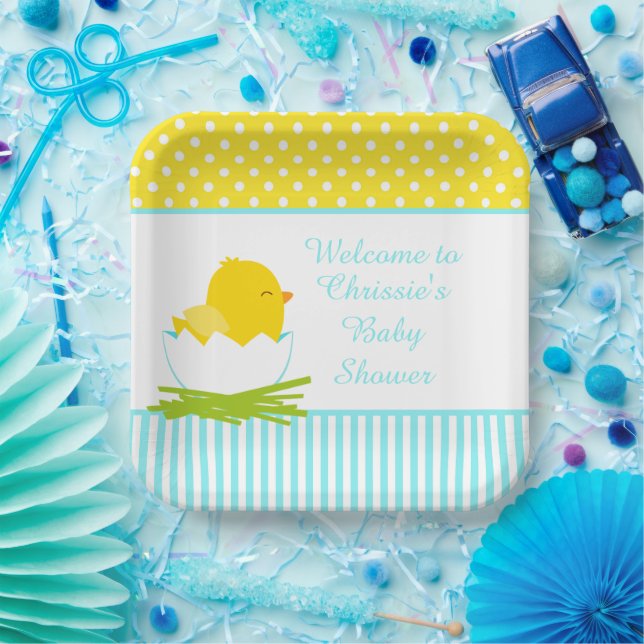 Cute Blue Boy Chick Baby Shower Party Paper Plate (Party)