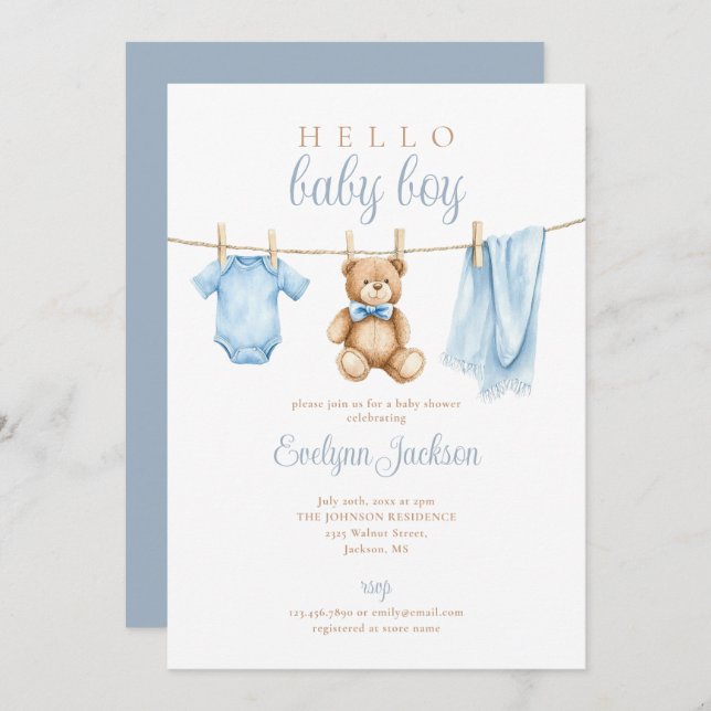 Cute Blue Boy Clothesline Baby Shower Invitation (Front/Back)