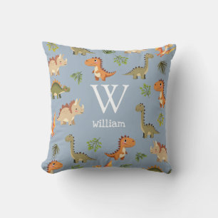 Cute Blue Boy Dinosaur Monogram Name Nursery Cushion