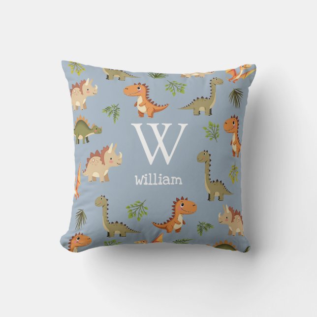 Cute Blue Boy Dinosaur Monogram Name Nursery Cushion (Front)
