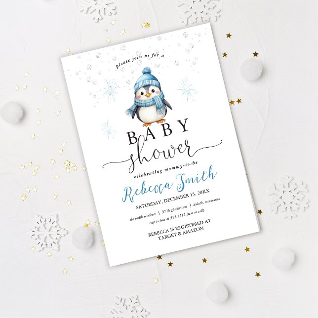 Cute Blue Boy Penguin Winter Baby Shower Invitation (Creator Uploaded)