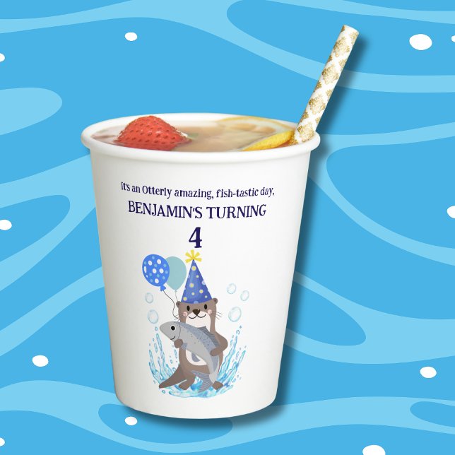 Cute Blue Boy Sea Otter Birthday Party Paper Cups (Creator Uploaded)