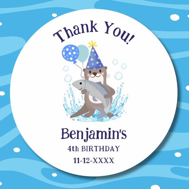 Cute Blue Boy Sea Otter Birthday Party Thank You Classic Round Sticker (Creator Uploaded)