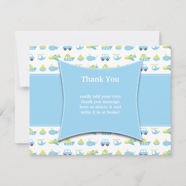 Cute blue boys travel time thank you flat card (Front)