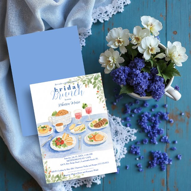 Cute Blue Bridal Brunch Table Vintage Illustration Invitation (Cute Blue Bridal Brunch Table Vintage Illustration Invitation Cards.)
