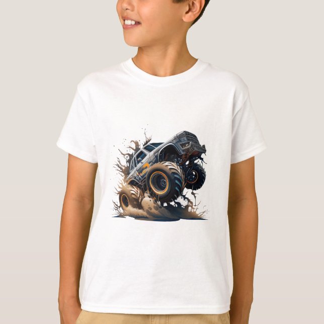 Cute Blue Brown Big Race Monster Truck Kids' T-Shirt (Front)