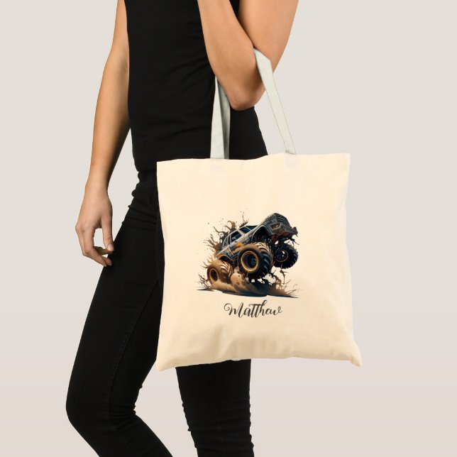 Cute Blue Brown Big Race Monster Truck Tote Bag (Front (Product))