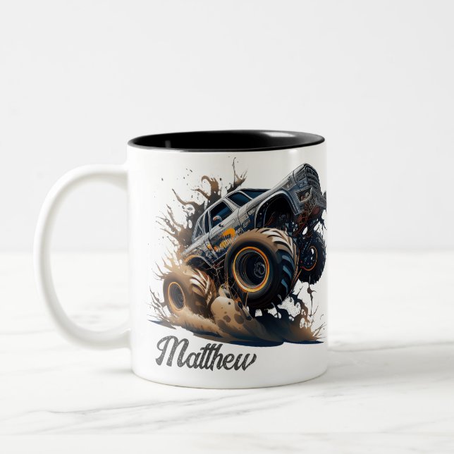 Cute Blue Brown Big Race Monster Truck Two-Tone Coffee Mug (Left)