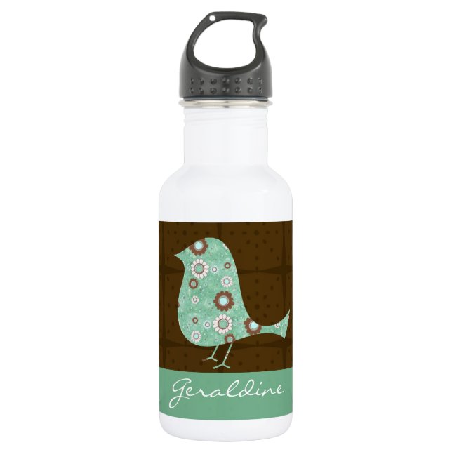 Cute Blue/Brown Pattern Bird Personalised Name 532 Ml Water Bottle (Front)