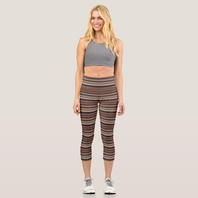 Cute blue brown stripes capri leggings (Front)