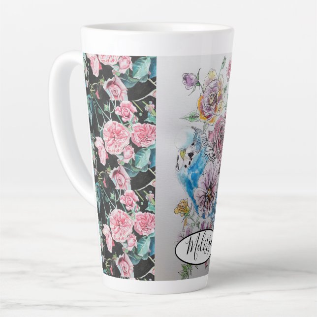 Cute Blue Budgie & Roses Bird Pink Watercolor Latte Mug (Left Angle)