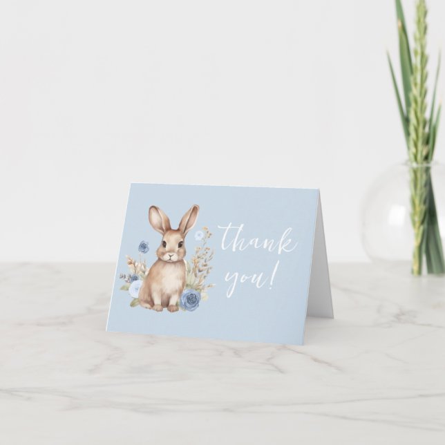 Cute blue bunny bohemian baby boy shower thank you card (Front)