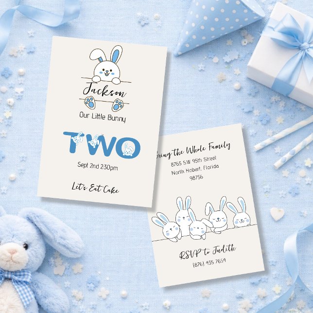 Cute Blue Bunny Boy's 2nd Birthday  Invitation (Creator Uploaded)