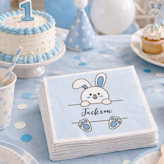 Cute Blue Bunny Boy's First Birthday  Napkin (Creator Uploaded)