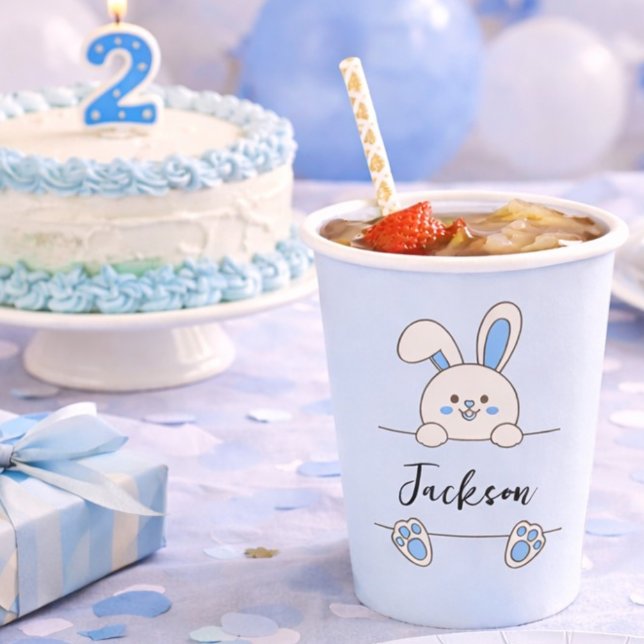 Cute Blue Bunny Boy's First Birthday  Paper Cups (Creator Uploaded)