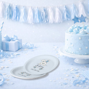 Cute Blue Bunny Boy's First Birthday Paper Plate
