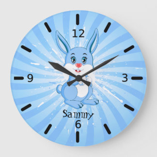 Cute Blue Bunny Cartoon Large Clock