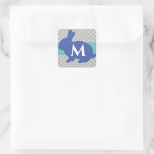 Cute Blue Bunny on Grey Polka Dots Monogram Square Sticker