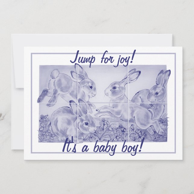 Cute Blue Bunny Rabbit Art Baby Boy Personalised  Announcement (Front)