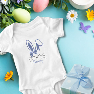 Cute Blue Bunny Ribbon Easter Boy Baby Bodysuit