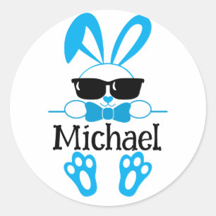 Cute Blue Bunny With Sunglasses Personalised Name Classic Round Sticker