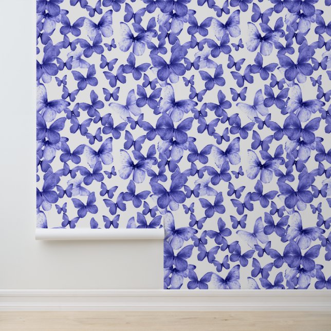Cute Blue Butterflies Pattern Peel and Stick Wallpaper (Application)