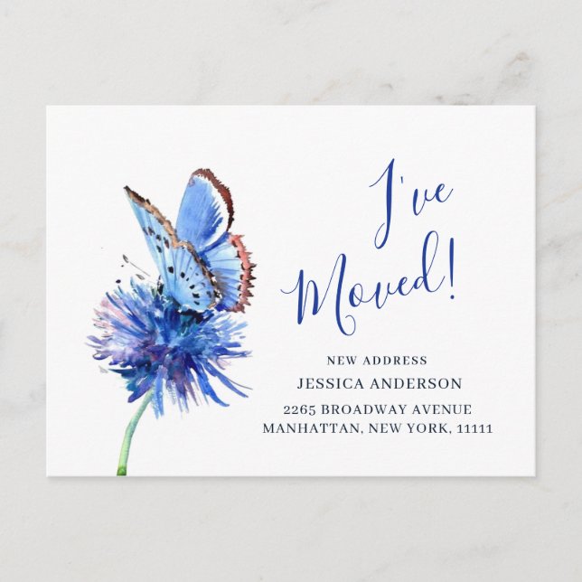 Cute Blue Butterfly Flower Moving Announcement Postcard (Front)