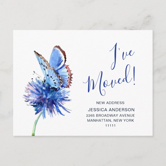 Cute Blue Butterfly Flower Moving Announcement Postcard (Front)