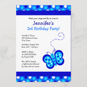 Cute Blue Butterfly w/ Polka Dots Birthday Invite