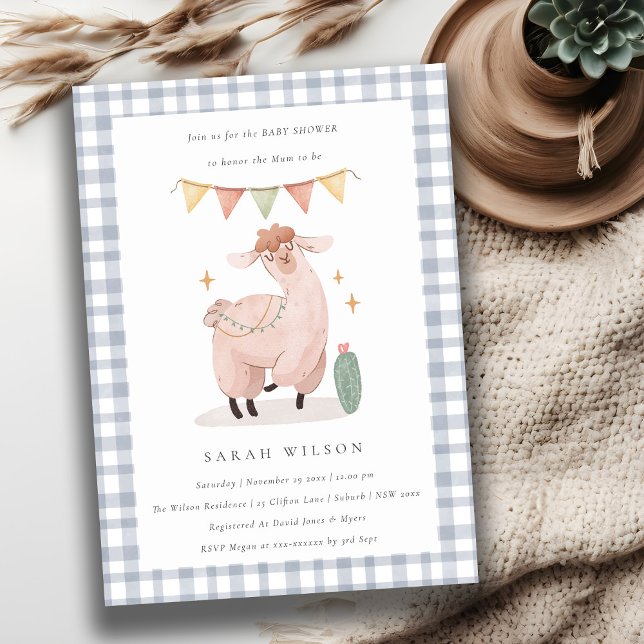 Cute Blue Cactus Boho Llama Baby Shower Invite (Creator Uploaded)