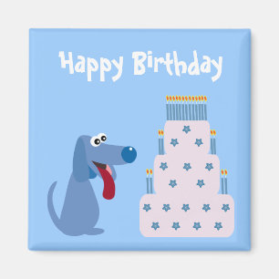 Cute blue cartoon dog & birthday cake magnet