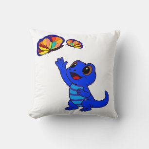 Cute Blue Cartoon Lizard Reaching for Butterflies Cushion