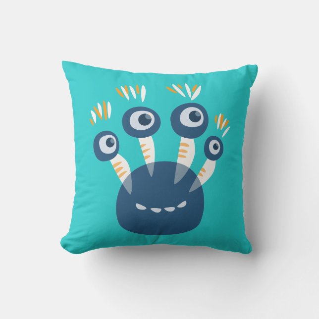 Cute Blue Cartoon Monster With Four Eyes Kids Cushion (Front)