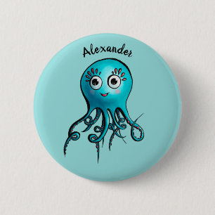 Cute Blue Cartoon Octopus - Smiling Sea Creature 6 Cm Round Badge