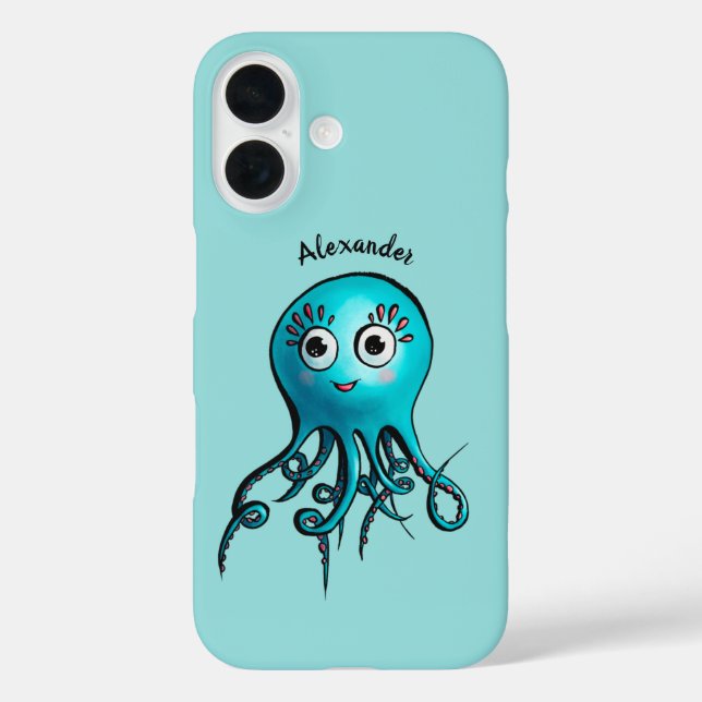 Cute Blue Cartoon Octopus - Smiling Sea Creature Case-Mate iPhone Case (Back)