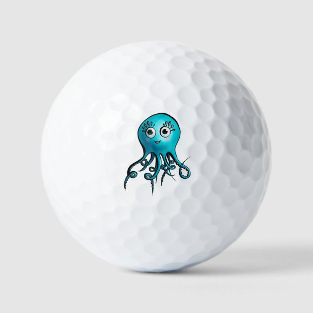 Cute Blue Cartoon Octopus - Smiling Sea Creature Golf Balls (Front)