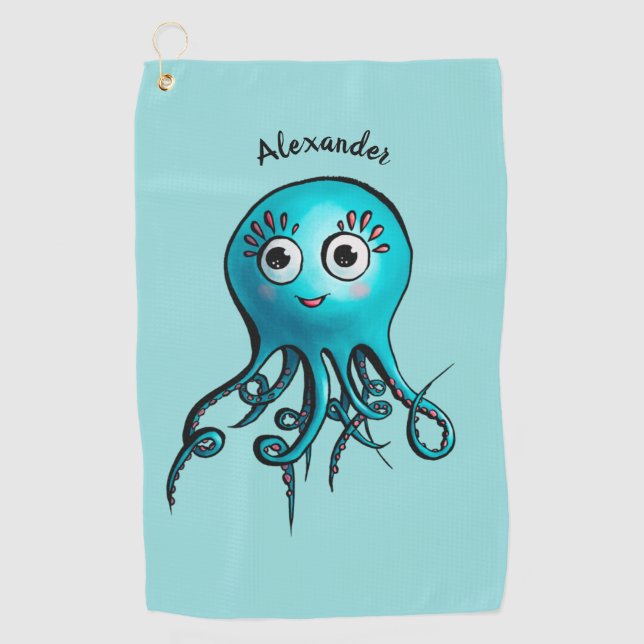 Cute Blue Cartoon Octopus - Smiling Sea Creature Golf Towel (Front)