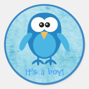 Cute Blue Cartoon Owl Its A Boy New Baby Classic Round Sticker
