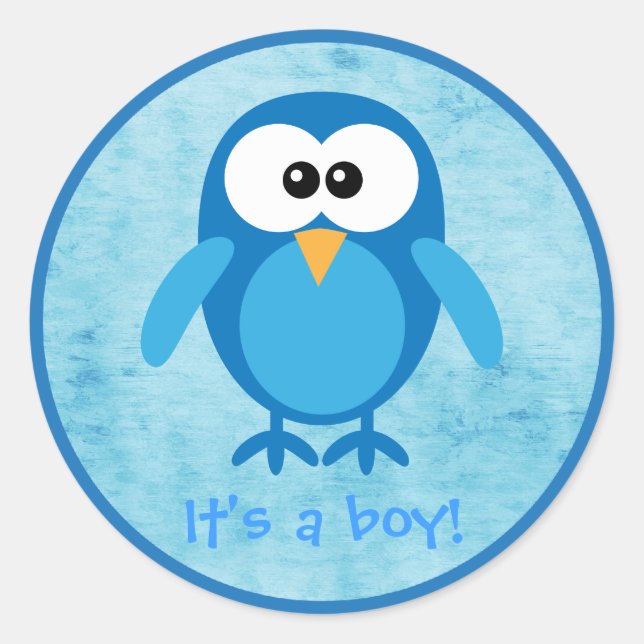 Cute Blue Cartoon Owl Its A Boy New Baby Classic Round Sticker (Front)