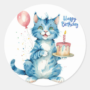 Cute Blue Cat Birthday Cake - Birthday Classic Round Sticker