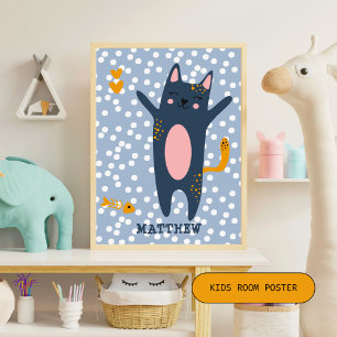 Cute Blue Cat - Blue Kids Bedroom / Nursery Poster