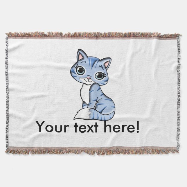 Cute blue cat cartoon throw blanket (Front)