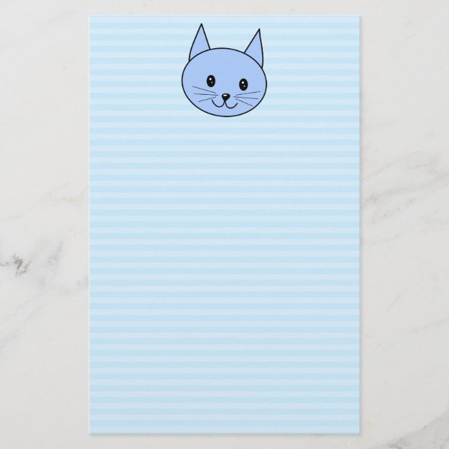 Cute Blue Cat. Light blue stripe background. Stationery (Front)