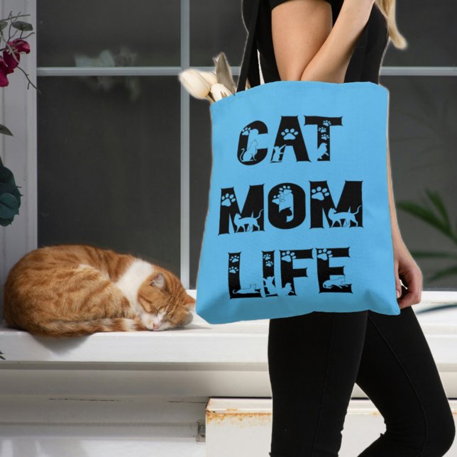 Cute Blue Cat Mum Life Modern Chic Mother's Day Tote Bag (Creator Uploaded)
