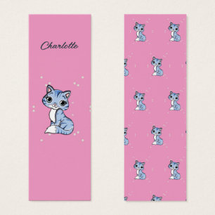Cute blue cat on pink custom name bookmark