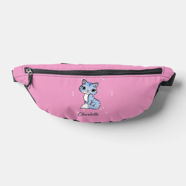 Cute blue cat on pink custom name bum bags (Lay Down)
