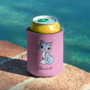 Cute blue cat on pink custom name can cooler