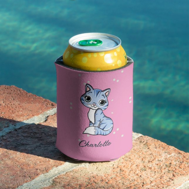 Cute blue cat on pink custom name can cooler (In Situ Pool)