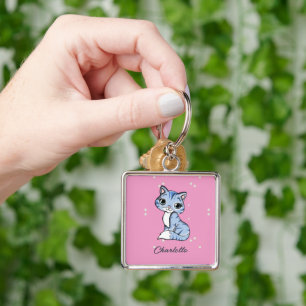 Cute blue cat on pink custom name key ring